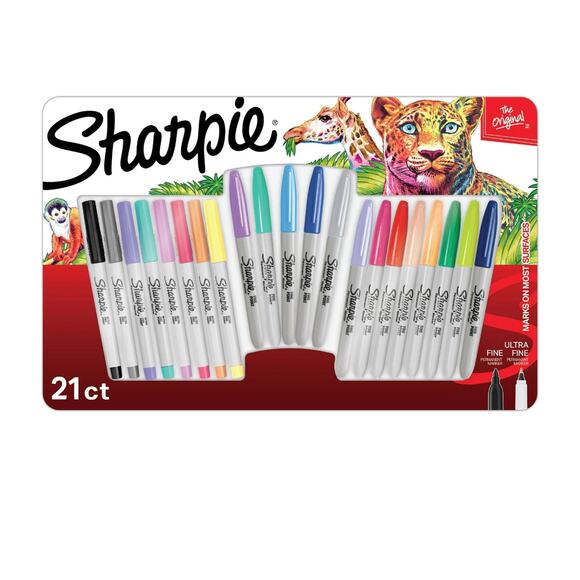 Sharpie Permanent Markers, Fine and Ultra Fine Tips, Assorted Colors, 21 Count - Picture 1 of 2